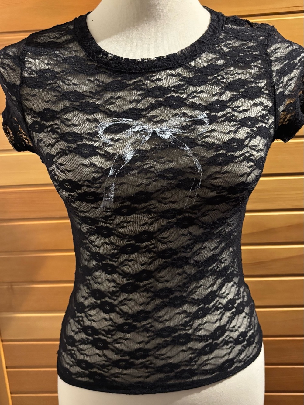 NWT by Full Tilt Black Sheer Lace Short-Sleeve Tee with Silver Bow Detail